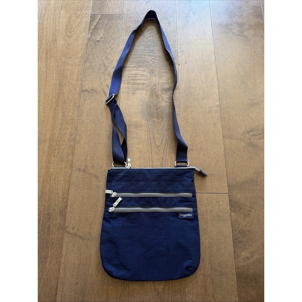 Baggallini Blue Nylon Small Crossbody 3 Zip Organizer 10x10 Used - Picture 2 of 6